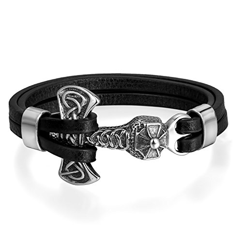 Flongo Herren Männer Leder-Armband, Edelstahl Leder Armband Armreif Lederarmband Manschette Silber Schwarz Thors Hammer Thorshammer Motorradfahrer Biker Gotik Herrenarmband Herren-Accessoires von Flongo