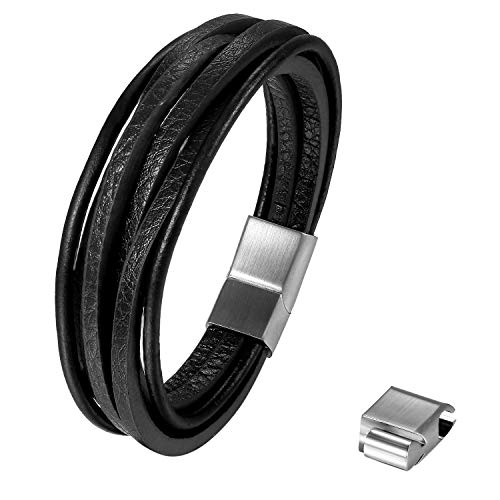 Flongo Herren Lederarmband Geflochten Premium Leder Edelstahl Armband punk biker Manschette Armreif Magnetverschluss verstellbar Herrenarmband Accessoires für Männer Jungen Vatertagsgeschenk schwarz von Flongo