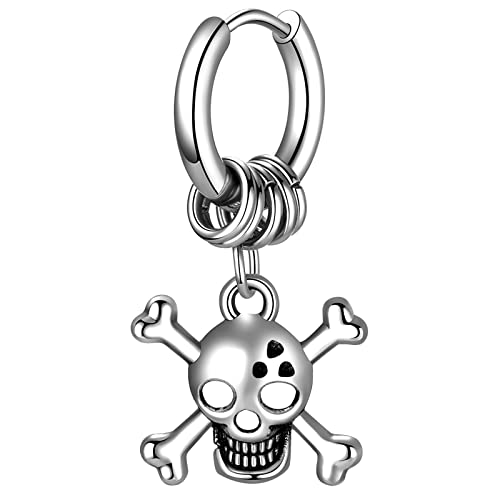 Flongo Herren Ohrringe 1 Stück Edelstahl Mit Anhänger Schwert Schwanz/Feder/Tropfen/Geist Kopf 316L Silber Creolen Punk von Flongo