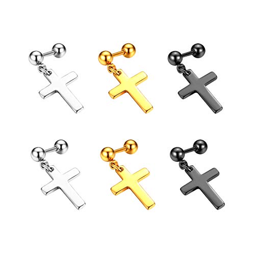 Flongo Herren Ohrstecker Creolen Damen Kreuz Ohrringe, Edelstahl Ohrstecker Ohrringe Silber Schwarz Gold Stecker Runden Kreuz Anhänger Männer, Frauen 6 Stück Set von Flongo