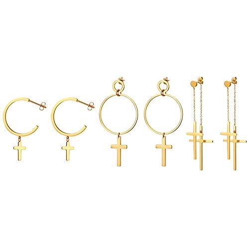 Flongo 3 Paar Kreuz Ohrringe aus Edelstahl Creolen Ohrringe mit Kreuz Anhänger Damen Ohrringe Herren Ohrstecker Kreuz Schmuck Geschenk zu Ostern Weihnachten Halloween von Flongo