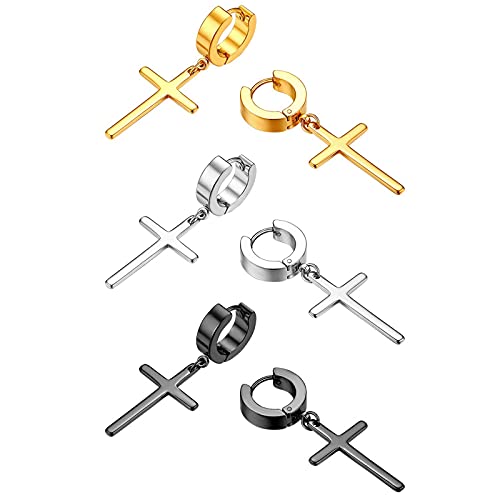 Flongo 3 Paar Kreuz Ohrringe aus Edelstahl Creolen Ohrringe mit Kreuz Anhänger Damen Ohrringe Herren Ohrstecker Kreuz Schmuck Geschenk zu Ostern Weihnachten Halloween von Flongo