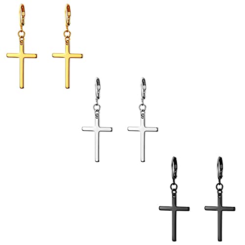 Flongo 3 Paar Kreuz Ohrringe aus Edelstahl Creolen Ohrringe mit Kreuz Anhänger Damen Ohrringe Herren Ohrstecker Kreuz Schmuck Geschenk zu Ostern Weihnachten Halloween von Flongo