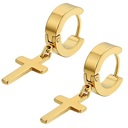 Flongo Herren Ohrstecker Creolen Damen Ohrringe, Edelstahl Ohrstecker Ohrringe Gold Golden Stecker Runden Kreuz Anhänger Jahrgang Männer, Frauen von Flongo