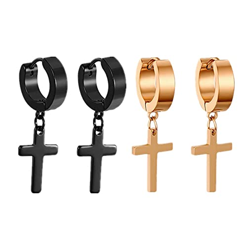 Flongo Herren Ohrstecker Creolen Damen Ohrringe, Edelstahl Ohrstecker Ohrringe Schwarz Rose Gold Stecker Runden Kreuz Anhänger Jahrgang Männer, Frauen von Flongo