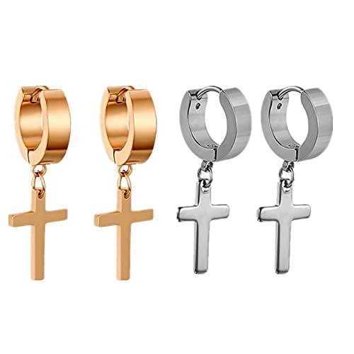 Flongo Herren Ohrstecker Creolen Damen Ohrringe, Edelstahl Ohrstecker Ohrringe Silber Rose Gold Stecker Runden Kreuz Anhänger Jahrgang Männer, Frauen von Flongo