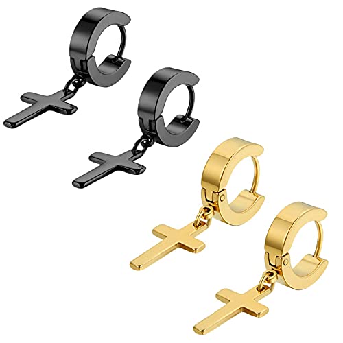 Flongo Herren Ohrstecker Creolen Damen Ohrringe, Edelstahl Ohrstecker Ohrringe Silber Schwarz Gold Stecker Runden Kreuz Anhänger Jahrgang Männer, Frauen von Flongo