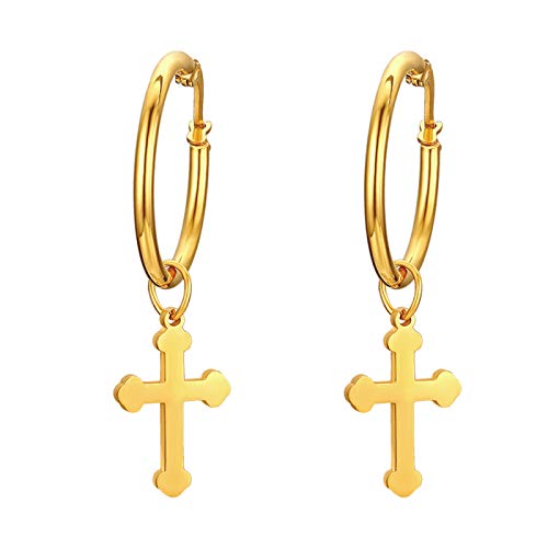 Flongo Herren Ohrstecker Creolen Damen Ohrringe, Gold Stecker mit Kreuz Anhänger Jahrgang für Männer, Frauen von Flongo