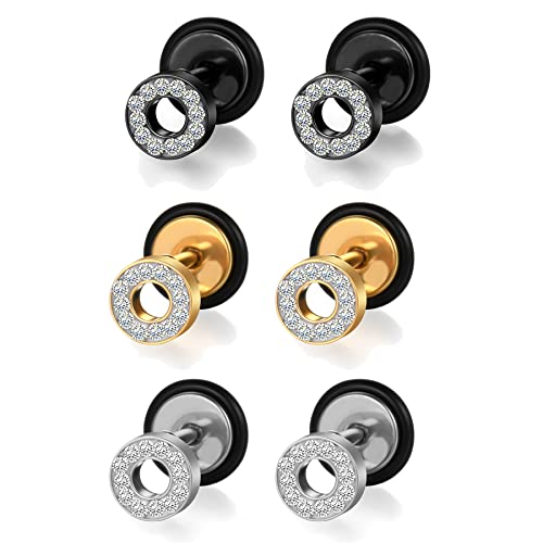 Flongo Herren Ohrstecker Damen Ohrringe Knopf Rund Kreis Gestüt Stecker Ohrhänger Fake Tunnel Fakeplugs Illusion Schwarz Silber Gold für Männer Frauen 3 Paar von Flongo