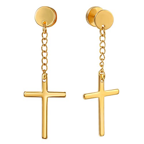 Flongo Herren Kreuz Ohrringe Edelstahl fake tunnel Stecker mit hängend Kreuz Kruzifix cross Baumeln Ohrschmuck land Kette Ohrhänger für Damen Männer piercing Anhänger gold von Flongo