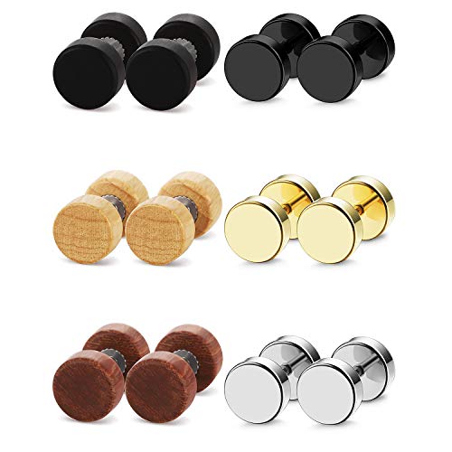 Flongo Herren Ohrstecker Knopf Damen Ohrringe 8mm Ohrstecker Gestüt Stecker Ohrhänger Tunnel Illusion verjüngt Cheater Faux Fake Ohrstecker aus Edelstahl Holz Türkis 6 Paar Set Modell B von Flongo