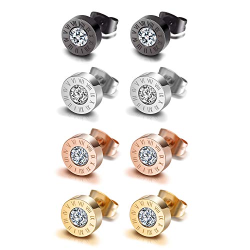 Flongo Herren Ohrstecker Knopf Ohrringe, Edelstahl Ohrstecker Gestüt Stecker Ohrringe Ohrhänger Fakeplugs Schwarz Rose Gold Silber Farbe mit Zirkonia und Römischen Ziffern Gravur 8 Stück Set von Flongo