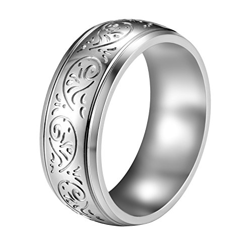 Flongo Herren Ring, Männer 8mm Edelstahl Band Ring Silber gravierte Blumen Muster Design Hochzeit Verlobung Engagement Bandring Siegelring Poliert Bequemlichkeit Passen Herren Schmuck 59MM von Flongo