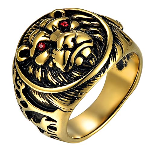 Flongo Herren Ring, Männer Bandring Siegelring Daumenring Gold Ton mit Löwenkopf Schild Hochzeit Verlobung Engagement Biker Herren-Accessoires Größe 59 von Flongo