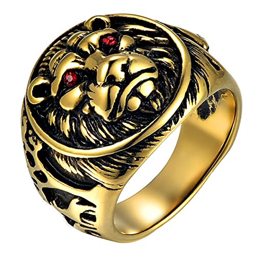 Flongo Herren Ring, Männer Bandring Siegelring Daumenring Gold Ton mit Löwenkopf Schild Hochzeit Verlobung Engagement Biker Herren-Accessoires Größe 70 von Flongo