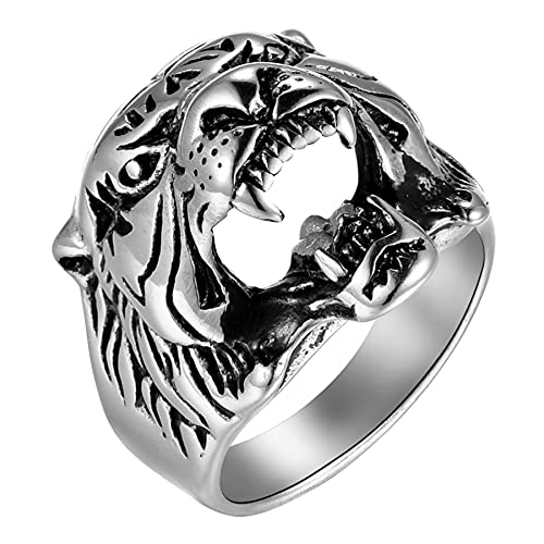 Flongo Herren Ring, Männer Bandring Siegelring Daumenring Silber Ton Tigerkopf Tier Design Hochzeit Verlobung Engagement Bequemlichkeit Passen Herren-Accessoires Größe 67 von Flongo