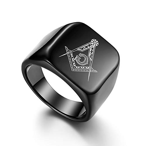 Flongo Herren Ring, Männer Edelstahl Ring Band Schwarz Ton Freimaurerei Freimaurer AG Hochzeit Verlobung Engagement Bandring Siegelring Daumenring Herren-Accessoires Größe 70 von Flongo