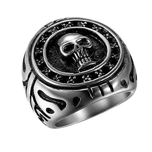 Flongo Herren Ring, Männer Ringe Silber Ton Totenkopf Schädel Retro Punk Biker Bandring Siegelring Daumenring Bequemlichkeit Passen Herren-Accessoires Größe 59 von Flongo