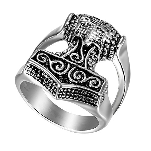 Flongo Herren-Ring Daumenring, Herrenring Männer-Ring Groß Breit Edelstahl Band Ring Bandring Schwarz Silber Thors Hammer Siegelring Gotik Motorradfahrer Biker Herren Männer, Ringgröße 57MM von Flongo