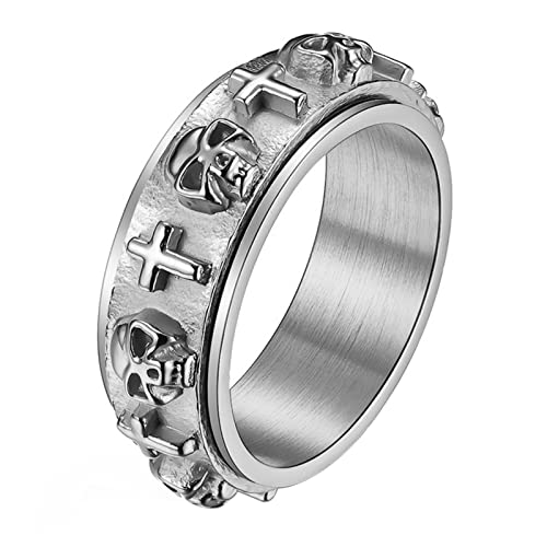 Flongo Herren Ring Edelstahl Kreuz Totenkopf Ring Außenring Wendering Punk Männer Ring Angst lindern Gold Schwarz Silber von Flongo