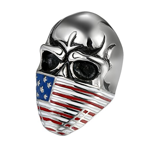 Flongo Herren-Ring Herrenring, Edelstahl Ring Edelstahlring Bandring Silber Totenkopf Schädel Kopf USA Amerikanische Flagge Herrenringe Siegel Motorradfahrer Biker Punk für Herren Männer 67mm von Flongo