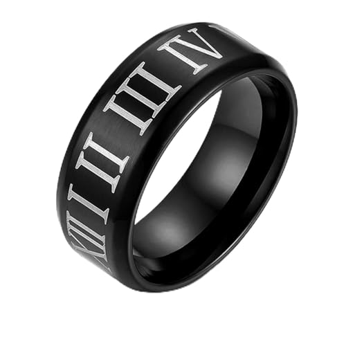 Flongo Herren-Ring Herrenring Männer, Edelstahl Ring Edelstahlring Bandring Silber Schwarz Römische Ziffern Zahlen Herrenringe Siegel Motorradfahrer Biker Punk Männer Herren-Accessoires Größe 54 von Flongo