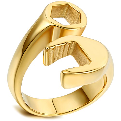 Flongo Herren Ring Männer Ring Siegelring Bandring Daumenring Edelstahlring Mechaniker Schraubenschlüssel Gold Ton Biker Motorradfahrer Herren-Accessoires Größe 54 von Flongo