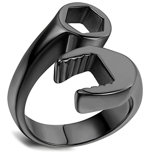 Flongo Herren Ring Männer Ring Siegelring Bandring Daumenring Edelstahlring Mechaniker Schraubenschlüssel Schwarz Ton Biker Motorradfahrer Herren-Accessoires Größe 57 von Flongo