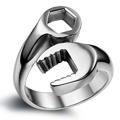 Flongo Herren Ring Männer Ring Siegelring Bandring Daumenring Edelstahlring Mechaniker Schraubenschlüssel Silber Ton Biker Motorradfahrer Herren-Accessoires Größe 70 von Flongo