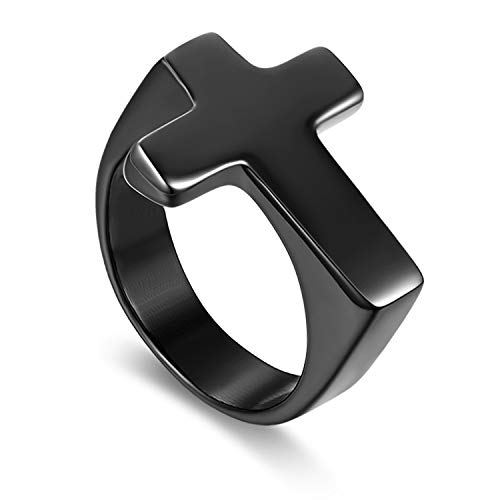 Flongo Herren Ring Männer Ringe, Edelstahl Band Ring Schwarz Ton mit Kreuz Design Hochzeit Verlobung Engagement Bandring Siegelring Daumenring Schmuck Herren-Accessoires Größe 57mm von Flongo