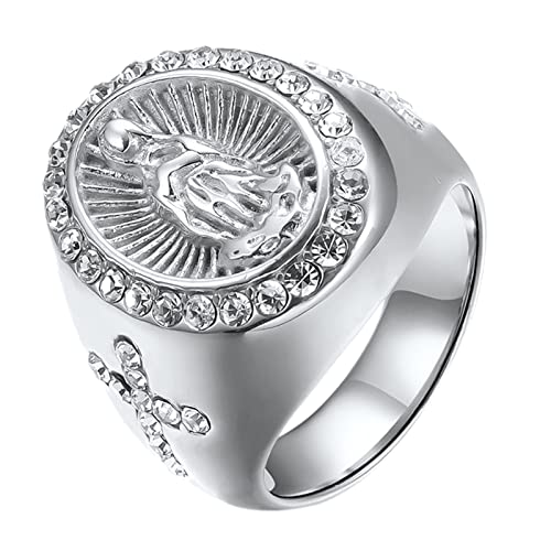 Flongo Herren-Ring Männer Rosenkranz-Ring Daumenring Bandring Siegelring Silber Jungfrau Maria Heilige Mutter Gottes Kreuz Kruzifix Herren-Accessoires Größe 57 von Flongo