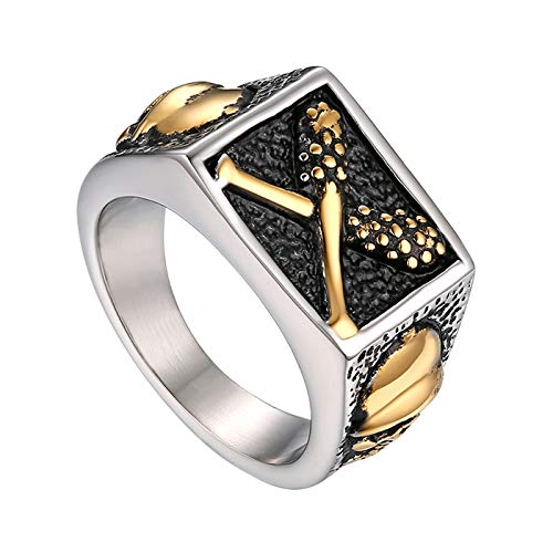 Flongo Herren Ring Männerring Herrenring Bandring mit Totenkopf Schädel Baseballschläger aus Edelstahl Ringe Silber Gold Schwarz Siegelring Daumenring Punk Biker Herren-Accessoires Größe 62 von Flongo
