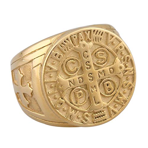 Flongo Herren Ring Männerring Herrenring Benediktussegen, Breit Edelstahl Band Ring Ringe Gold Bandring Siegelring Daumenring Saint Benedict Medal Herren-Accessoires Größe 59 von Flongo