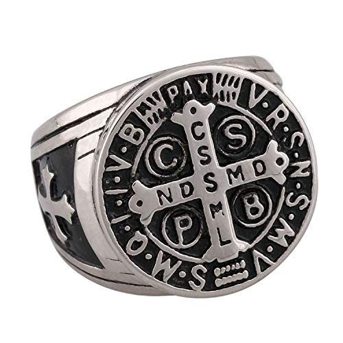 Flongo Herren Ring Männerring Herrenring Benediktussegen, Breit Edelstahl Band Ring Ringe Silber Bandring Siegelring Daumenring Saint Benedict Medal Herren-Accessoires Größe 57 von Flongo
