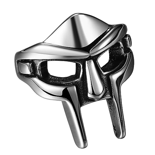 Flongo Herren Ring Mf Doom Gladiator Mask Ringe Silber Wikinger Spartan Maske Edelstahl Gothic Schmuck Viking Helm Nordic Pagan Geschenk für Männer Damen Halloween Doomsday Größe 10 von Flongo