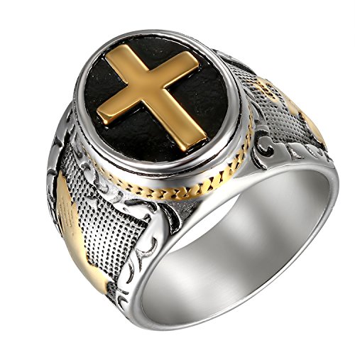 Flongo Herren-Ring Rosenkranz-Ring Herrenring, Edelstahl Ring Edelstahlring Bandring Schwarz Silber Gold Daumenring Herrenringe Siegel Kreuz Kruzifix Jesus Männer Herren-Accessoires Größe 57mm von Flongo