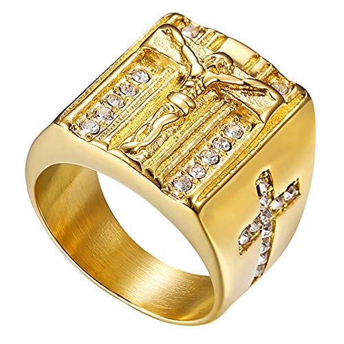 Flongo Herren-Ring Rosenkranz-Ring Männer Ring Daumenring aus Edelstahl Bandring Siegelring Gold Kreuz Kruzifix Jesus Herren-Accessoires Größe 59 von Flongo