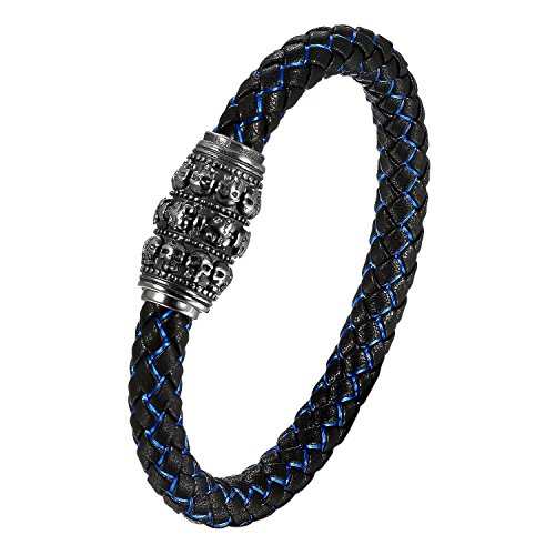 Flongo Herren Totenkopf Lederarmband Edelstahl mit Geflochten Lederband in Schwarz und dunkel blau Schädel Armband Manschette Armreifen mit Magnet Schließe punk Gotik für Männer Vatertagsgeschenk von Flongo