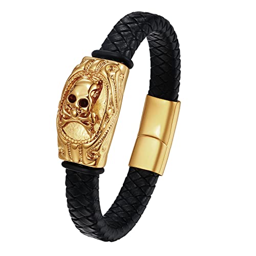 Flongo Herren Totenkopf Lederarmband Geflochten Kette mit Pirate Schädel Armkette aus Edelstahl massiv Schmuck Gotik Punk Magnet Verschluss Armreif Geschenk für Männer Vatertagsgeschenk gold von Flongo