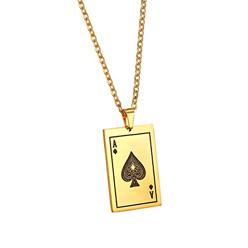 Flongo Poker Kette Joker Halskette: Gold Edelstahl Herren Ketten mit Pik Ass Spielkarte Karten Anhänger Schmuck für Männer von Flongo