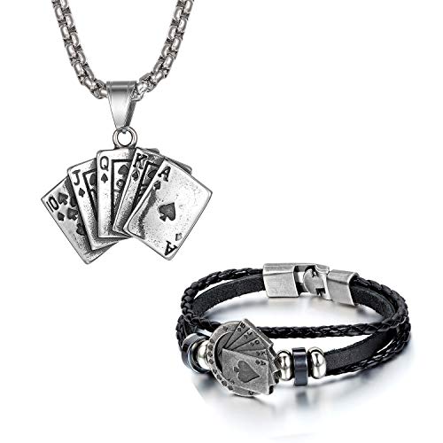 Flongo Herrenarmband Lederarmband Herren Kette Männer Anhänger Männer Armband Herren Armreif Leder Armband Anhänger Halskette mit Spielkarte Pik Royal Flush Poker Karten Schwarz Braun von Flongo