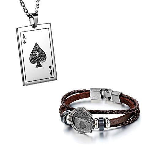 Flongo Herren Armband Kette Lederarmband Herren Männer Anhänger Männer Armband Herren Armreif Leder Armband Anhänger Halskette mit Spielkarte Joker Royal Flush Poker Karten Set Braun von Flongo