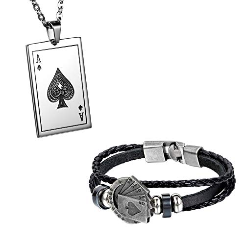 Flongo armband Lederarmband Herren Kette Set Schwarz Männer Anhänger Männer Armband Herren Armreif Leder Armband Anhänger Halskette mit Spielkarte Joker Royal Flush Poker Karten Set von Flongo