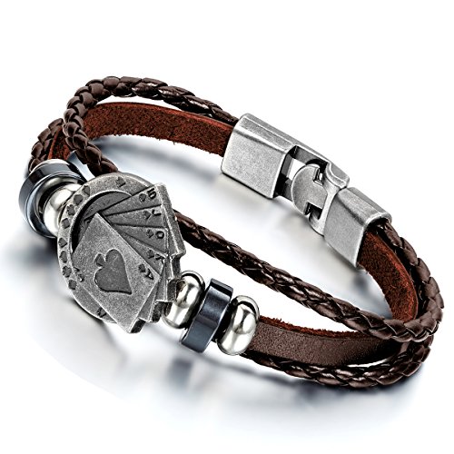 Flongo Herren Poker Armband Leder: Lederarmband Silber Schwarz Kette mit Spielkarte Karten Anhänger Armreif Pik Ass Joker 10/J/Q/K/A punk Männer Accessoires von Flongo