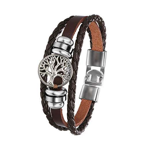 Flongo Herrenarmband Männer Frauen Armband Damen Lederarmband, Metall Leder Armband Armreif Geflochten Lederband Baum des Lebens Tree of Life Braun Surfer Wickelarmband von Flongo