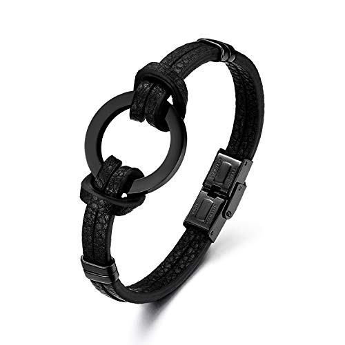 Flongo Herrenarmband Männer Armband Lederarmband, Edelstahl Leder Armband Armreif Geflochten Ring rund Kreis Link Schwarz für Männer Herren-Accessoires Surfer von Flongo