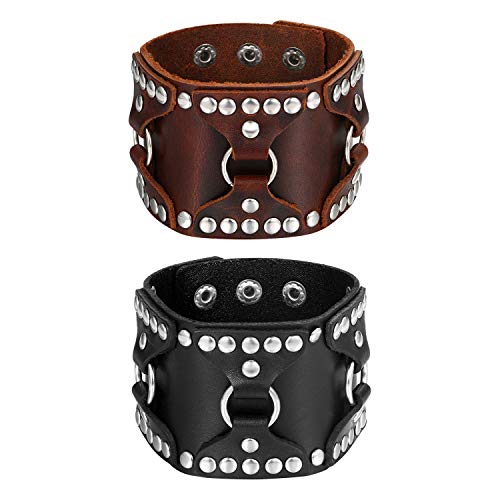 Flongo Herrenarmband Männer Armband Lederarmband, Groß breit Leder Armband Armreif mit Silber Nieten Braun Schwarz Herren-Accessoires Punk Rock Biker Größen verstellbar 2 Stück von Flongo