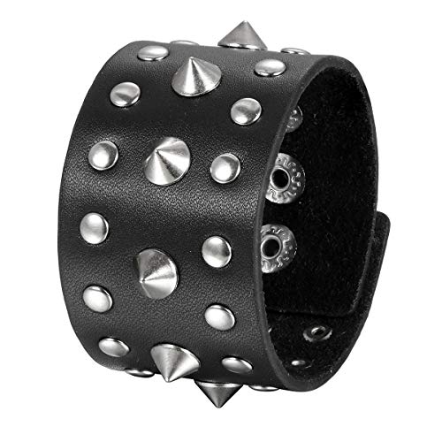 Flongo Herrenarmband Männer Armband Lederarmband, groß breit Leder Armband Armreif Spitze Nieten Schwarz Silber für Männer Herren-Accessoires Punk Rock Biker von Flongo