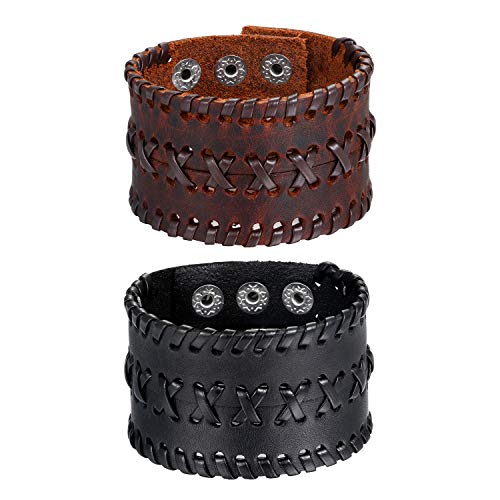 Flongo Herrenarmband Männer Armband Lederarmband, groß breit Leder Armband Armreif Geflochten Braun Schwarz für Männer Herren-Accessoires Punk Rock Biker Größen verstellbar 2er Set von Flongo