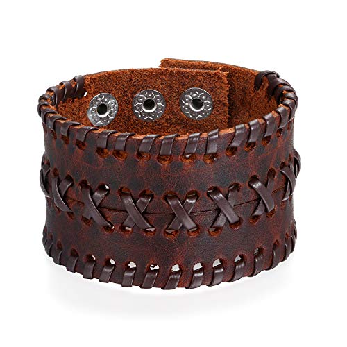 Flongo Herrenarmband Männer Armband Lederarmband, groß breit Leder Armband Armreif Geflochten Braun für Männer Herren-Accessoires Punk Rock Biker Größen verstellbar von Flongo